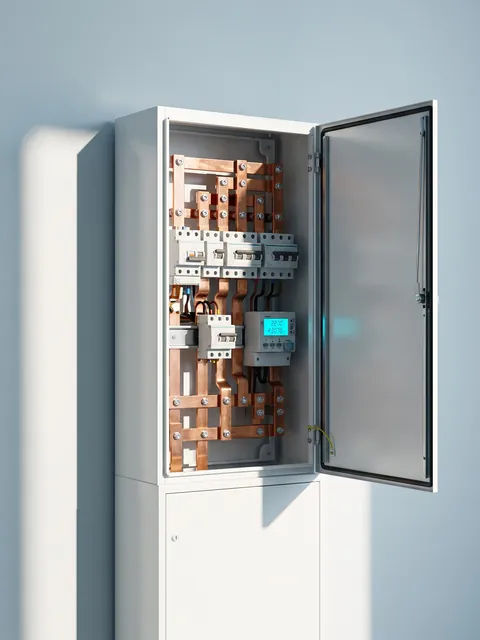 An open white switchgear cabinet with copper busbars, breakers and a small digital power meter